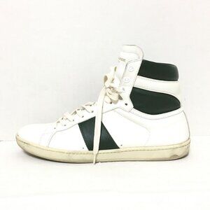 Auth SAINT LAURENT PARIS - Cream Dark Green Leather Men's Sneakers